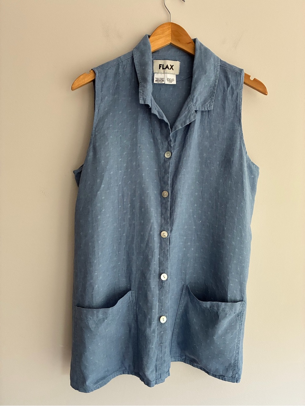 Flax Denim Blue Textured Sleeveless Linen Button-Front Shirt Medium